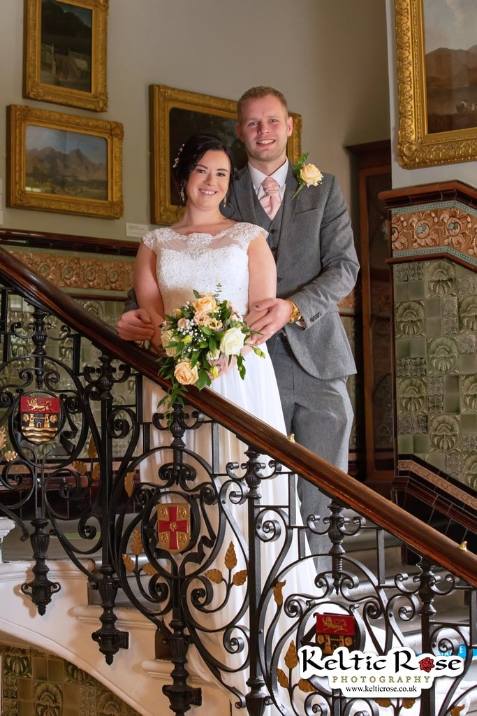 Bride and Groom standing on Stairs at Tullie House Museum